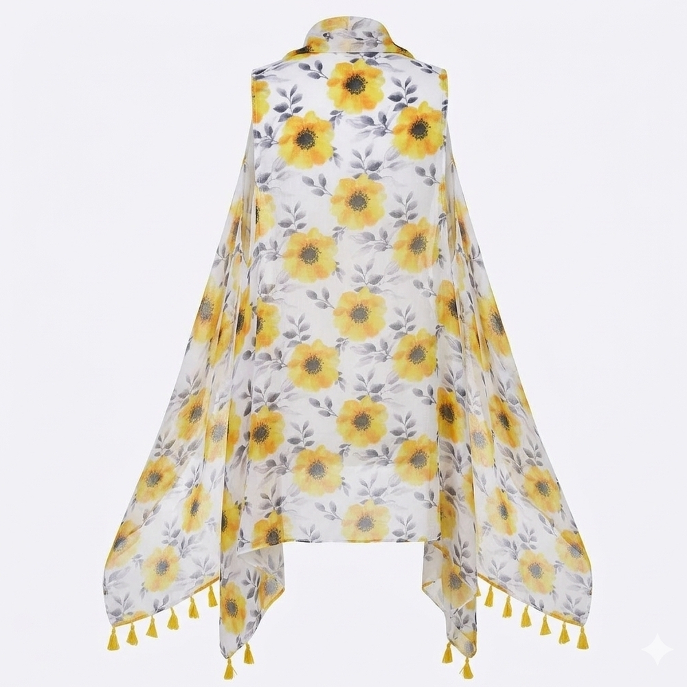 Grace & Emma Sheer Sleevrless Waterfall Kimono Topper Boho Floral Tassels OSFM - Picture 3 of 6
